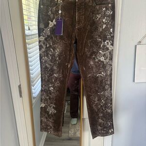 Ralph Lauren Brown Velvet Jeans with Metallic Floral Embroidery